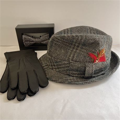 Richman Brothers Size Large Fedora w/ New Bowtie & Leather Gloves