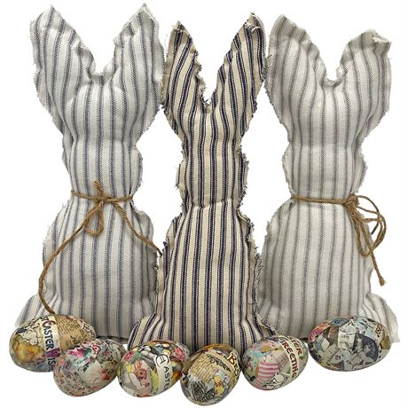 Hand Made Rag Doll Rabbits with Decoupaged Easter Greeting Eggs