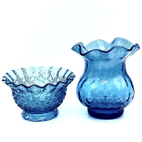 LE Smith Daisy and Button Bowl and Blown Glass Ruffle Vase