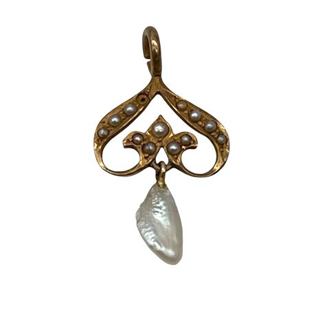 Antique 14K Yellow Gold Pearl Lavalier Pendant