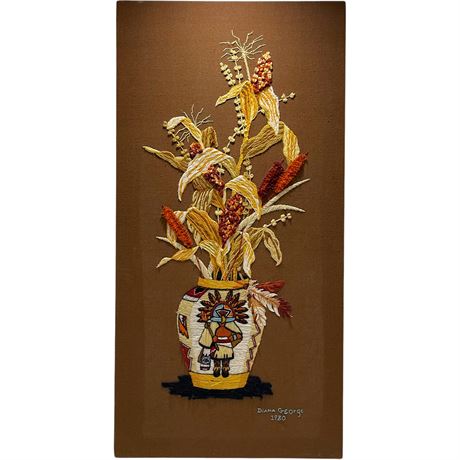 1980 Diana George Crewel Embroidered "Indian Summer Maize" Art Piece