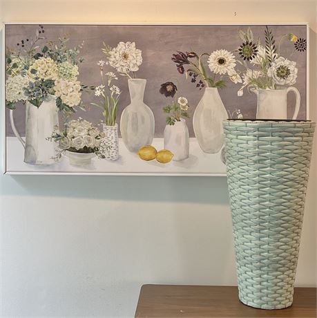 Kathryn White Signed Canvas Art Print & Rustic Basket Planter