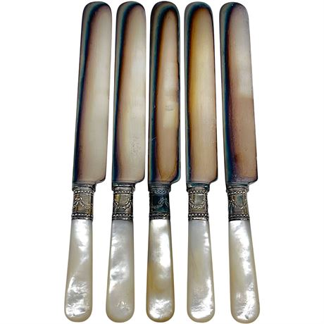 (5) Antique 925 Sterling Silver Mother of Pearl Meriden Cutlery Knives
