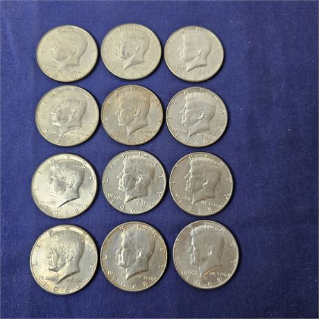 (12) 1968 Kennedy Silver Half Dollars