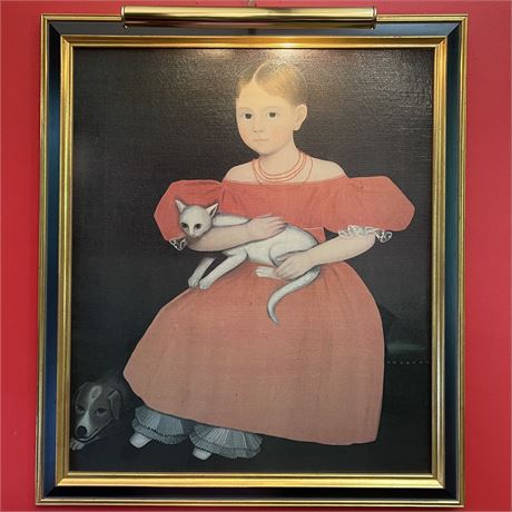Framed Ammi Phillips "Girl in Red Dress with Cat and Dog" Art Print w/ Art Light