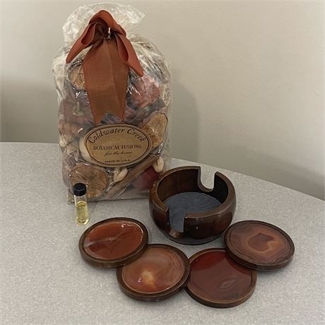 Vintage Wood and Agate Stone Coasters, Coldwater Creek Potpourri w/ Scented Oil