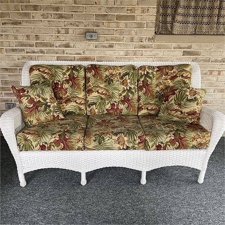 White Wicker Patio Sofa w/ Seat and Back Cushions and Pillows