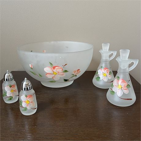 Hand-Painted Satin Salad Set with Bowl, S&P Shakers, Vinegar & Oil Bottles