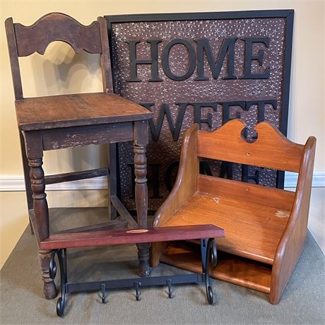 Farmhouse Bundle w/ Vtg Chairs, "Home Sweet Home" Sign and Key Hanger Shelf