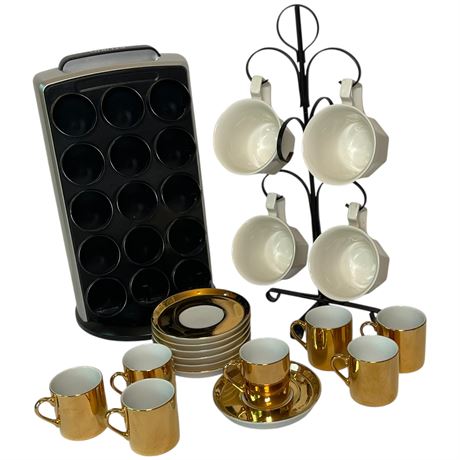 Neiman Marcus Porcelain Espresso Cups & Saucers, K-Cup Carousel & Mugs on Stand