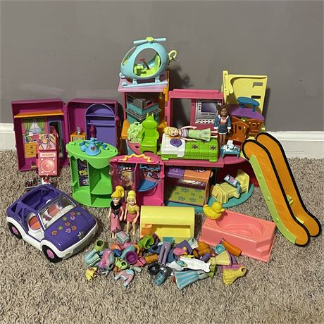 Vtg Polly Pockets Mall w/ Escalator, Helicopter, Car, Closets, Dolls & More