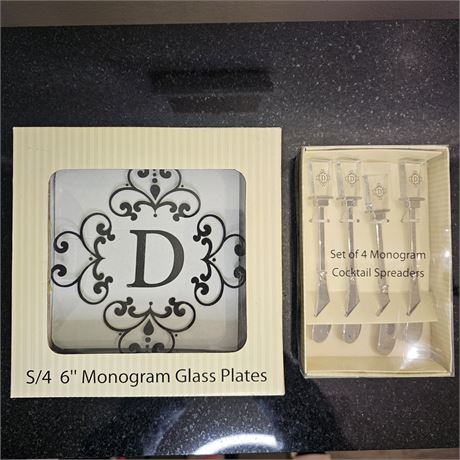 Mango Moon Set of 4- 6" Monogram Glass Plates & Cocktail Spreaders