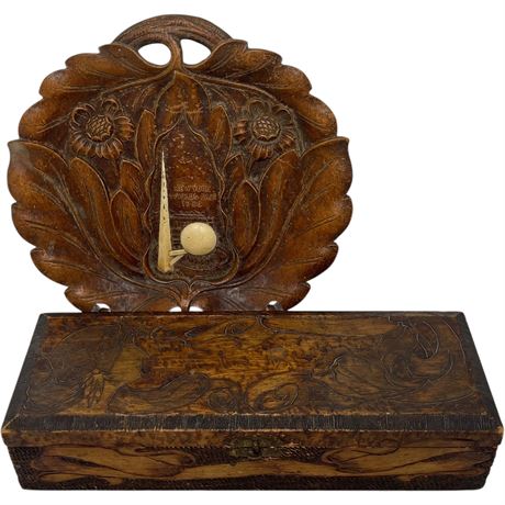 1939 Syroco Wood NYC World's Fair Souvenir Plate & Pyrography Wood Burned Box