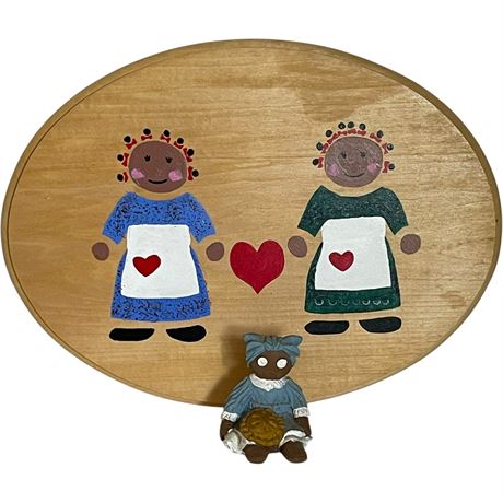 Vtg Black Americana Hand Painted Wood Wall Plaque & Figurine