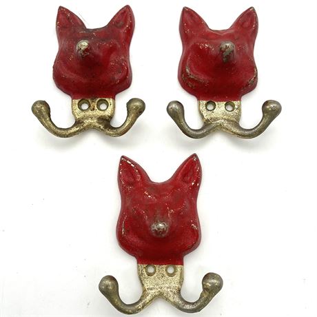 Vintage Red Fox Brass Painted Wall Hooks Set of Three