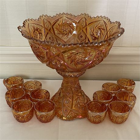 Imperial "Whirling Star" Marigold Carnival Glass Punch Bowl on Stand & 12 Cups