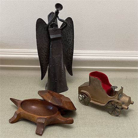 Folk Art Metal Figurines & Wood Trinket Box