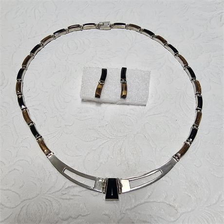 Silver necklace and earring set with onyx and agate "SILVER MEXICO 950-TN50" H