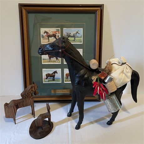 Equestrian Decor w Hand-Carved Horse Figurine, Covered Leather Horse & Art