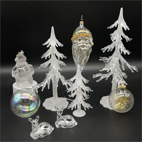 Dept. 56 Acrylic Trees, Vtg Beiderman Deer Candle Holders, Pier One Santa & More