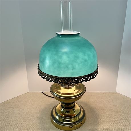 Antique Brass Green Glass Shade Electrified Oil Lamp