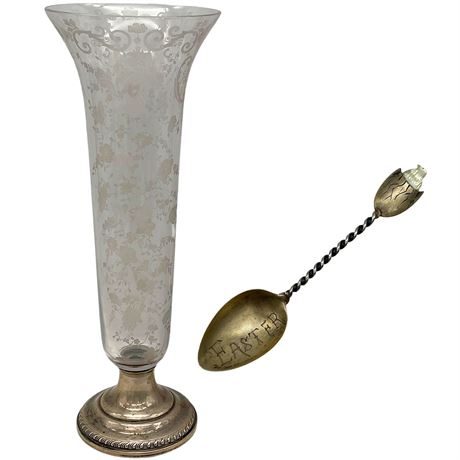 Sterling Silver Weighted Etched Glass Vase & Sterling Silver "Easter" Spoon