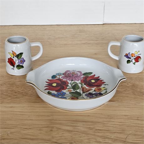 Kalocsa Porcelain Dish & 2 Mini Mugs