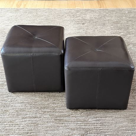 Pair of Faux Leather Deep Brown Cube Ottomans