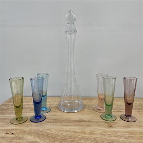 7 Piece Etched Glass Cordial Set~ NIB