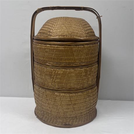 Old Asian 3-Tier Stacking Rattan & Bamboo Wedding Basket