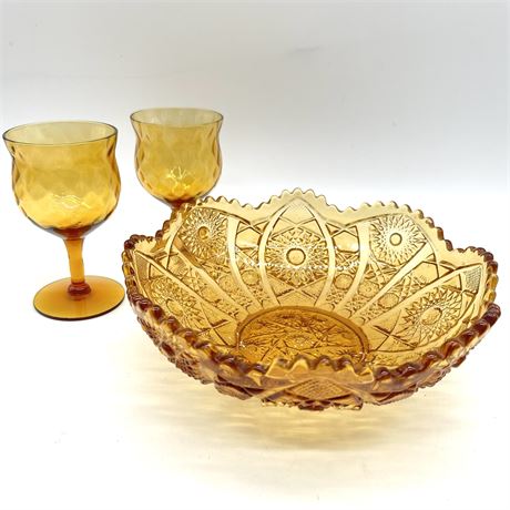 Vintage Amber Scalloped Candy Dish with Two Goblets