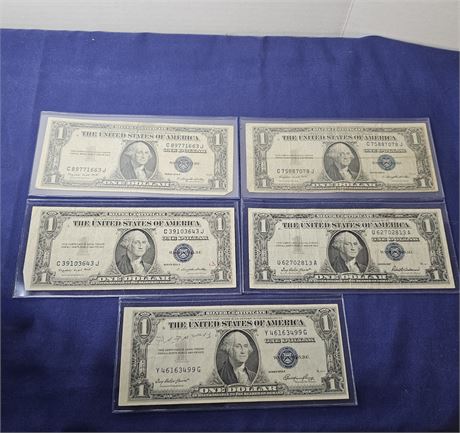 (4) 1953 & (1) 1957 Silver Certificate $1.00 Dollar Bills