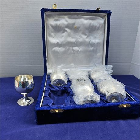 Silver Plated EPNS England Cased Set of 6 Cherry Goblets in Blue Velvet Box