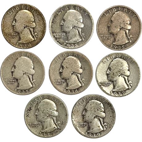 1934-1939 Washington Quarter Dollar 90% Silver Coins