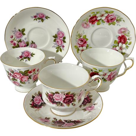 (3) Queen Anne Bone China Floral Teacup and Saucer Sets