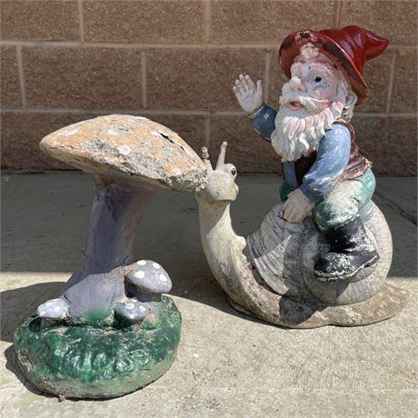 Vintage Yard Decor with Cement Mushroom and Resin Gnome on Snail