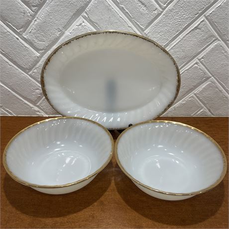 Fire King Milk Glass Swirl Platter & Serving Bowls with Gold Rims