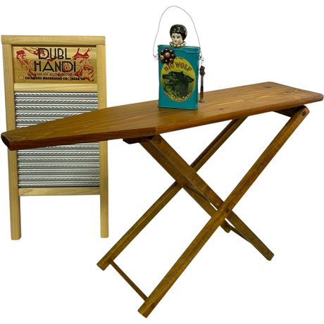 Vtg Ironing Board & Washboard w/ Hand Crafted Cleaner Tin