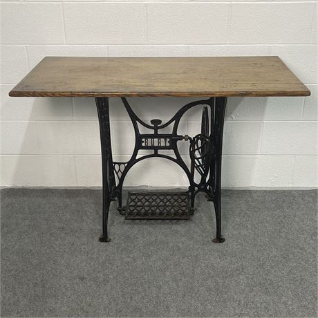 Vtg Handcrafted Cast Iron Sewing Machine Base & Solid Wood Top Accent Table