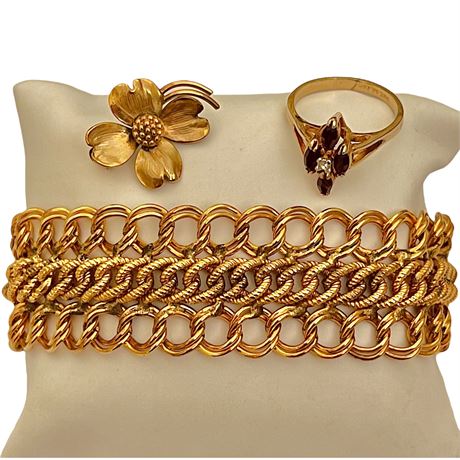 1/20 12K Gold Filled Bracelet & Pin w/ 14K GE Size 6.5 Rhinestone Ring