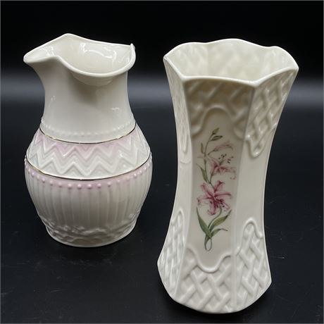 Belleek Embossed Chevrons Pink Accent Vase & Country Trellis Vase