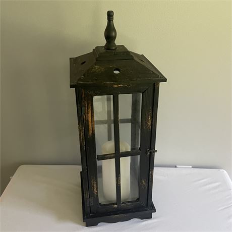 28" Tall Wooden Lantern with Faux Flame Candle