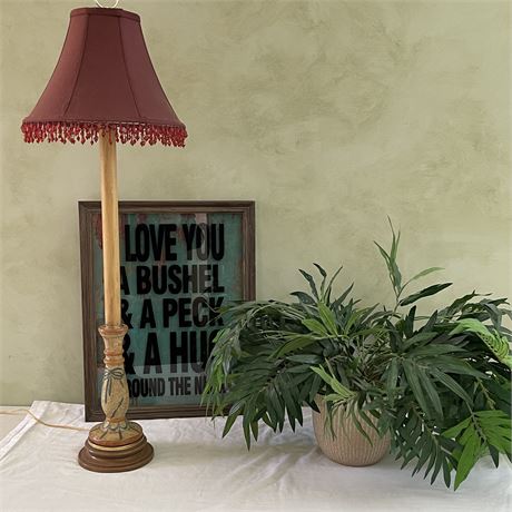 Buffet Lamp w/ Potted Artificial Plant & Framed Print
