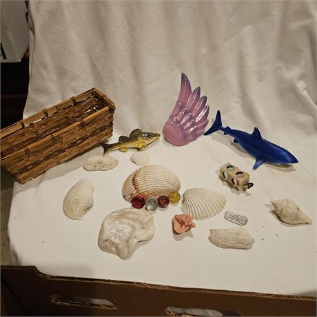 Collection of various decorative and natural items, including: