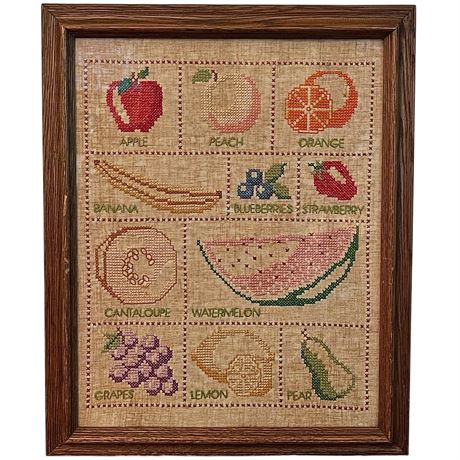 Framed Vtg Fruit Cross Stitch Sampler