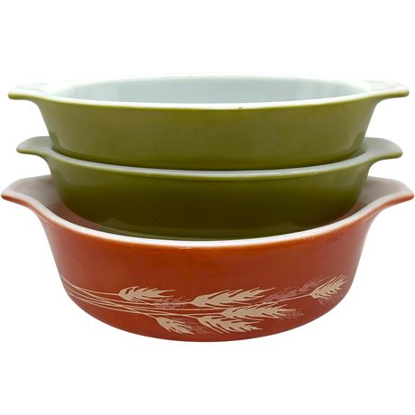Vtg Pyrex "Autumn Harvest Wheat" & "Verde" Casserole Dishes