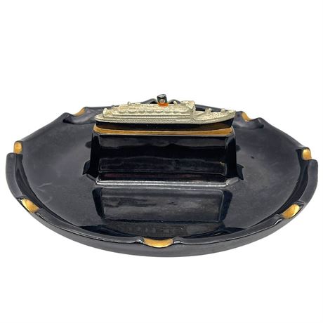 Glazed Ceramic Ashtray w/ RMS Queen Mary Ocean Liner