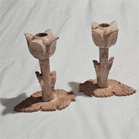 2 Vintage 7" Tall Pink Carved Stone Tulip Flower Candle Stick Holder