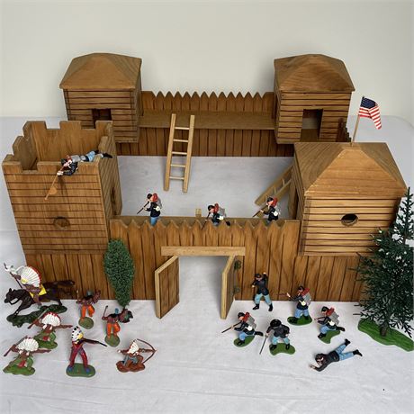 Vtg FAO Schwarz Fort Cherokee Wooden Play Set w/ Plastic Soldiers & More