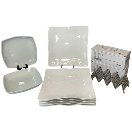 Solid White (6)Wavy Plates & (2)Shallow Bowls w/ (8)NIB Taco Holders